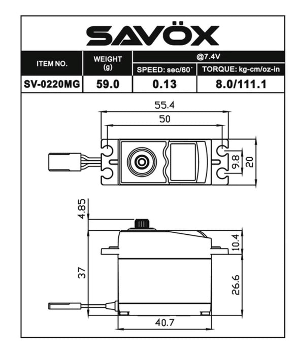 Savox SV-0220MG HV STD Size 8KG 0.13 @7.4v 40.7x20x37mm 59g