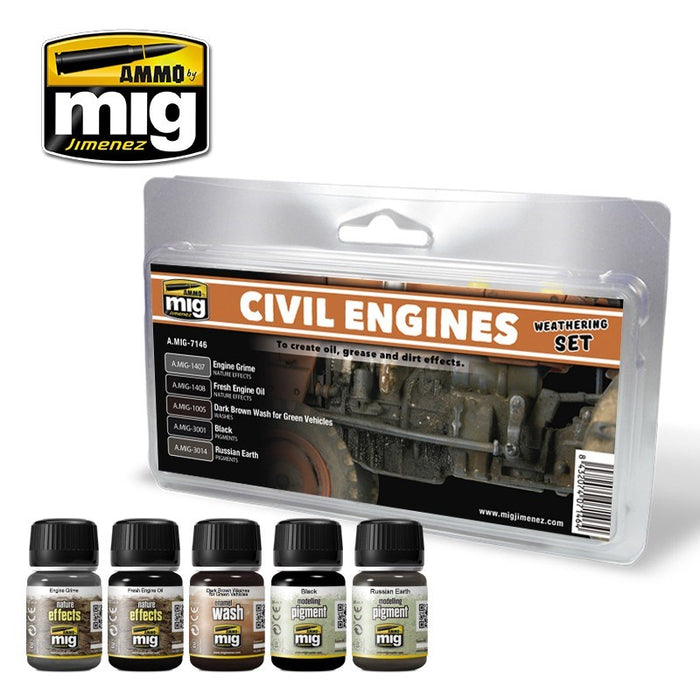 AMMO by Mig Jimenez A.MIG-7146 CIVIL ENGINES WEATHERING SET