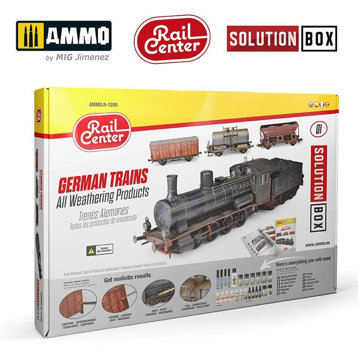 AMMO by Mig Jimenez AMMO.R-1200 AMMO RAIL CENTER SOLUTION BOX #01 GERMAN TRAINS. All Weathering Products