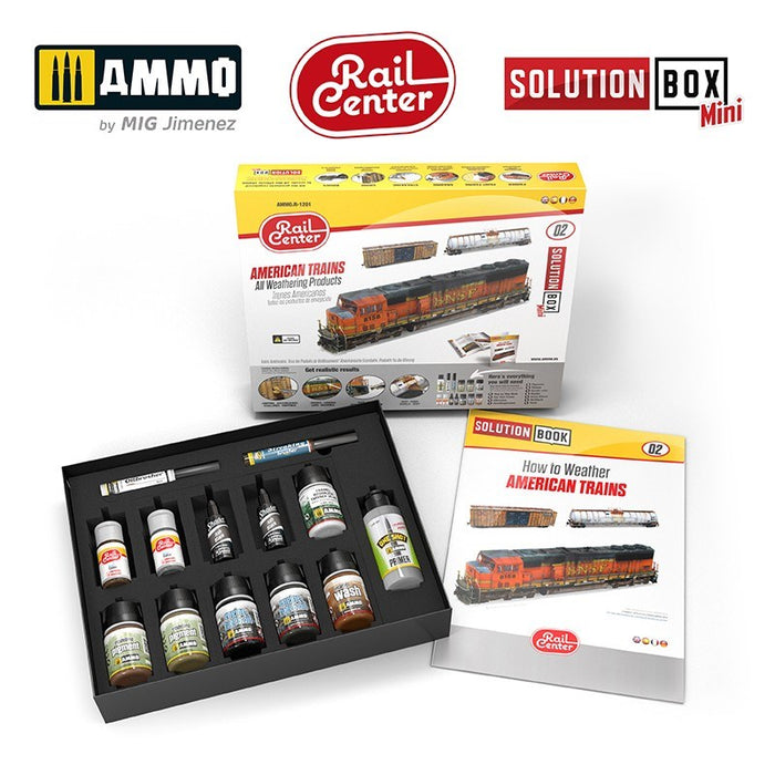 AMMO by Mig Jimenez AMMO.R-1201 AMMO RAIL CENTER SOLUTION BOX MINI #02 AMERICAN TRAINS. All Weathering Products