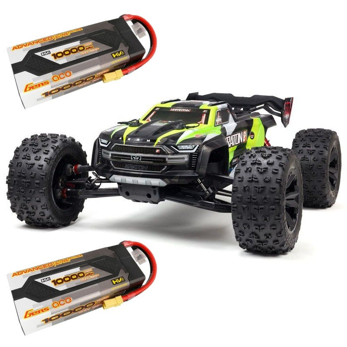 Arrma ARA110002BT1 1/5 KRATON 4X4 8S BLX Brushless Speed Monster Truck RTR Green. plus 2x Gens ace Advanced 10000mAh 15.2V 100C 4S2P HardCase Lipo Battery COMBO