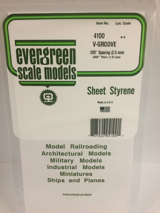 Evergreen 4100 Styrene V-Groove 0.100 Spacing (0.040 X 6 X 12") -  pieces