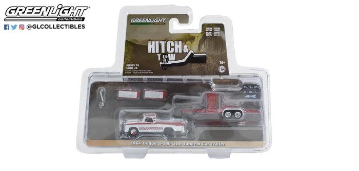 Greenlight GL-32280-A 1/64 1964 Dodge D-100 with Tandem Car Trailer