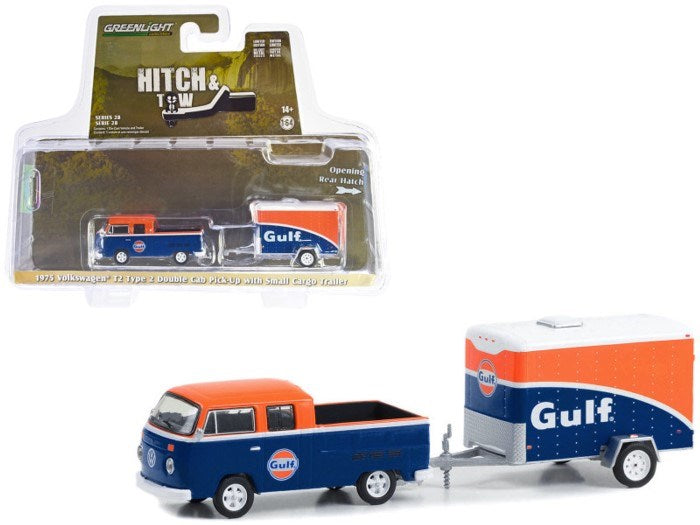 Greenlight GL-32280-B 1/64 1975 Volkswagen T2 Type 2 Double Cab Pickup with Cargo Trailer