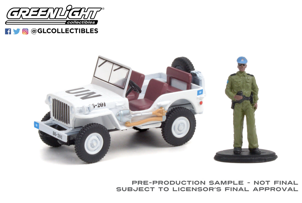 GreenLight GL-97110-A 1/64 1942 Willys MB Jeep- UN with UN Security Officer