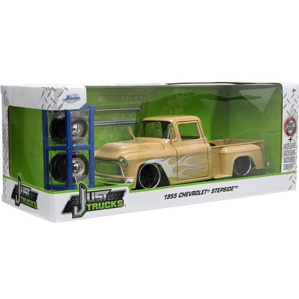 Jada 34024 1/24 1955 Chevrolet Stepside (Tan/Flames) w/Wheel Rack - Just Trucks