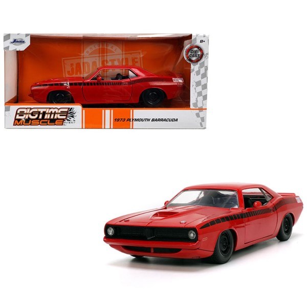 Jada 34037 1/24 1973 Plymouth Barracuda (Red/Black Stripes) - BigTime Muscle