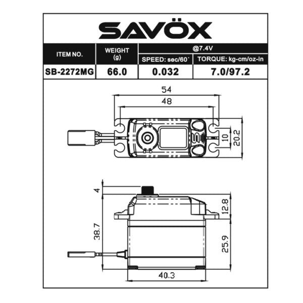 Savox SB-2272MG Digital HV Brushless Servo 69g 7kg-cm 0.035sec/60 deg (7.4V)