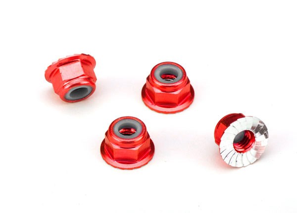 Traxxas 1747A Nuts aluminum flanged serrated (4mm) (red-anodized) (4)