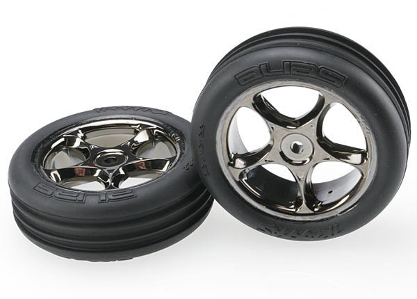 Traxxas 2471A - Tires & wheels assembled 2.2 black chrome wheels ribbed 2.2 tires (2)(Bandit front)