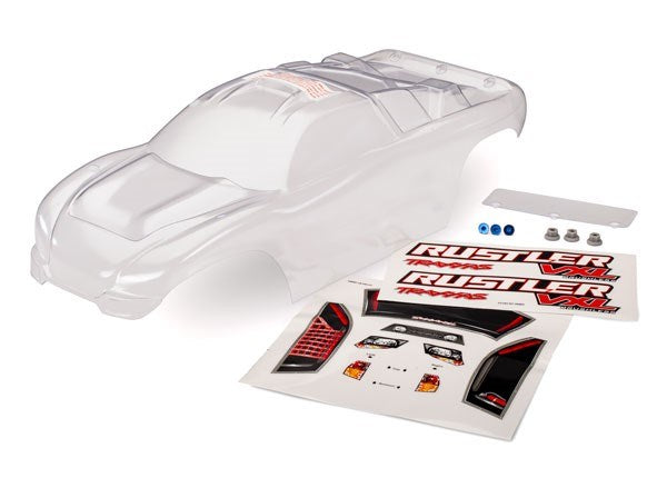 Traxxas 3714 - Body Rustler (clear requires painting)/window lights decal sheet/ wing and aluminum hardware