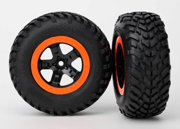 Traxxas 5863 - Tires & wheels assembled glued black orange beadlock wheels (2) (4WD f/r 2WD rear)