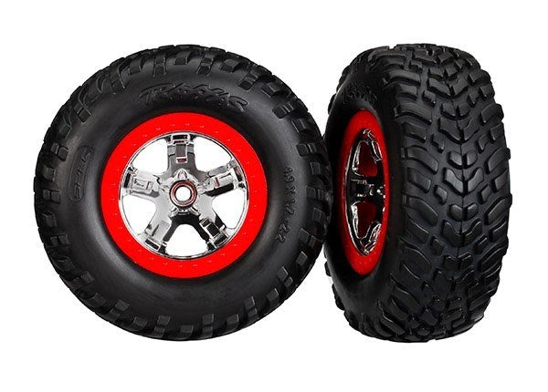 Traxxas 5887R - Tires & Wheels Glued Chrome Wheels Red Beadlock Style (2) (4Wd F/R 2Wd Rear)