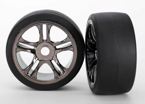 Traxxas 6477 - Split-Spoke Black Chrome Wheels Slick Tires S1 Compound (2)