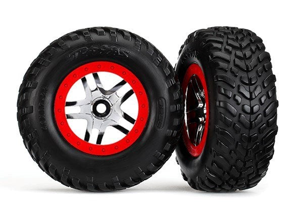 Traxxas 6891 - Tires & Wheels Glued Chrome Red Beadlock Style (2) (4Wd F/R 2Wd Rear)