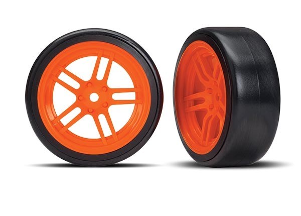 Traxxas 8376A - Tires and wheels assembled glued (split-spoke orange wheels 1.9" Drift tires) (front)