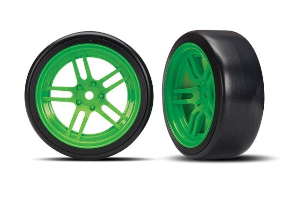 Traxxas 8376G - Tires And Wheels Assembled Glued (Split-Spoke Green Wheels 1.9' Drift Tires) (Front)