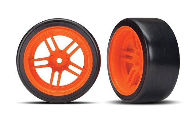 Traxxas 8377A - Tires and wheels assembled glued (split-spoke orange wheels 1.9" Drift tires) (rear)