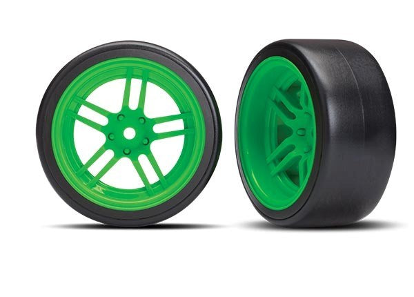 Traxxas 8377G - Tires and wheels assembled glued (split-spoke green wheels 1.9" Drift tires) (rear)