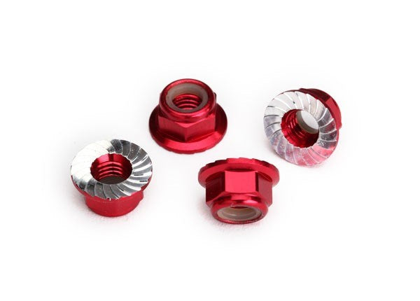 Traxxas 8447R - Nuts 5Mm Flanged Nylon Locking (Aluminum Red-Anodized Serrated) (4)