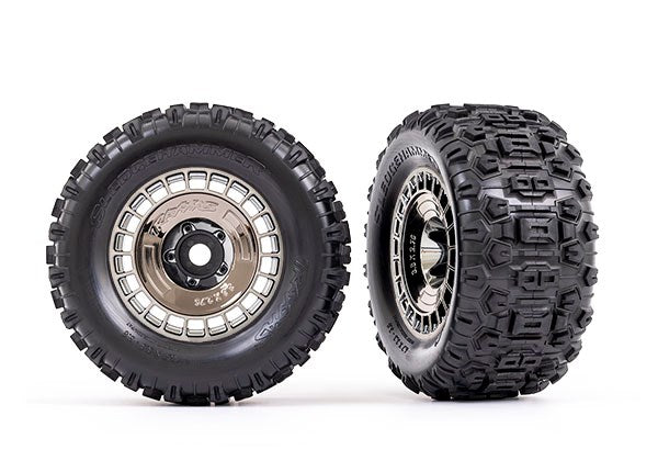 Traxxas 9572T Tires and wheels assembled glued (3.8' black chrome wheels Sledgehammer tires) (2)
