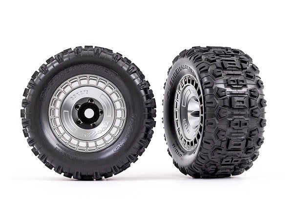 Traxxas 9572X Tires and wheels assembled glued (3.8' satin chrome wheels Sledgehammer tires) (2)